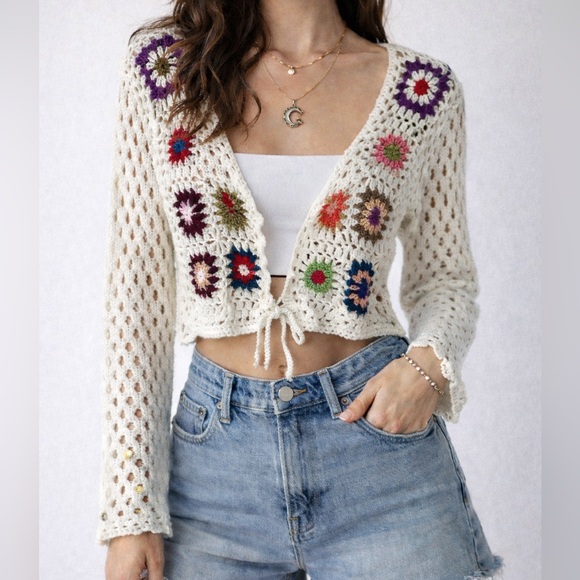 Sweaters - Granny Square Crochet Cropped Cardigan Fairycore Boho Festival Hippie Small